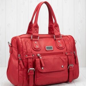 Scarleton Multi-Pocket Shoulder Bag Red Vegan Leather Satchel Hobo Handbag H1485